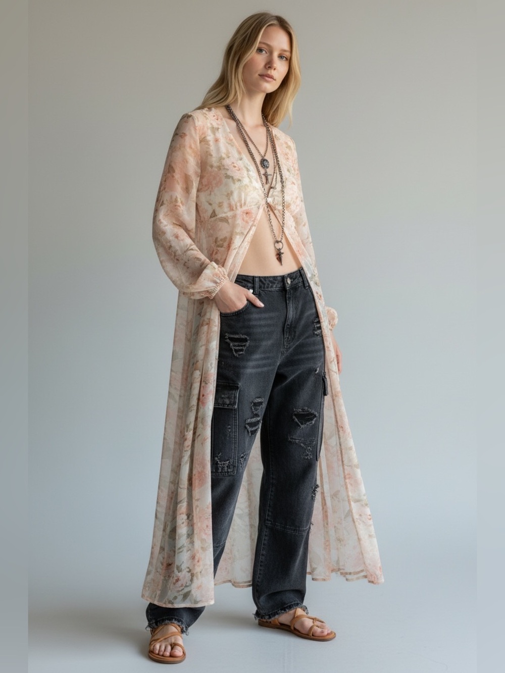 Free People Sheer Floral Maxi Duster in Cream and Peach Size M